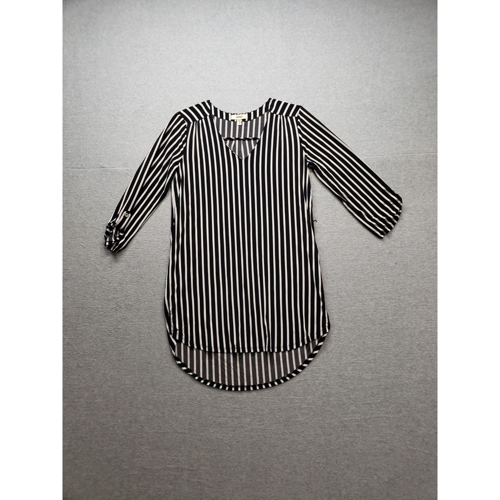 Meraki Women Shift Dress M Black Stripe 3/4 Sleeve V Neck Lightweight Summer